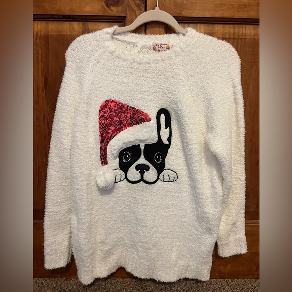 Poof! Red and White Crew Neck Sweater with Festive Dog Design - Picture 1 of 5